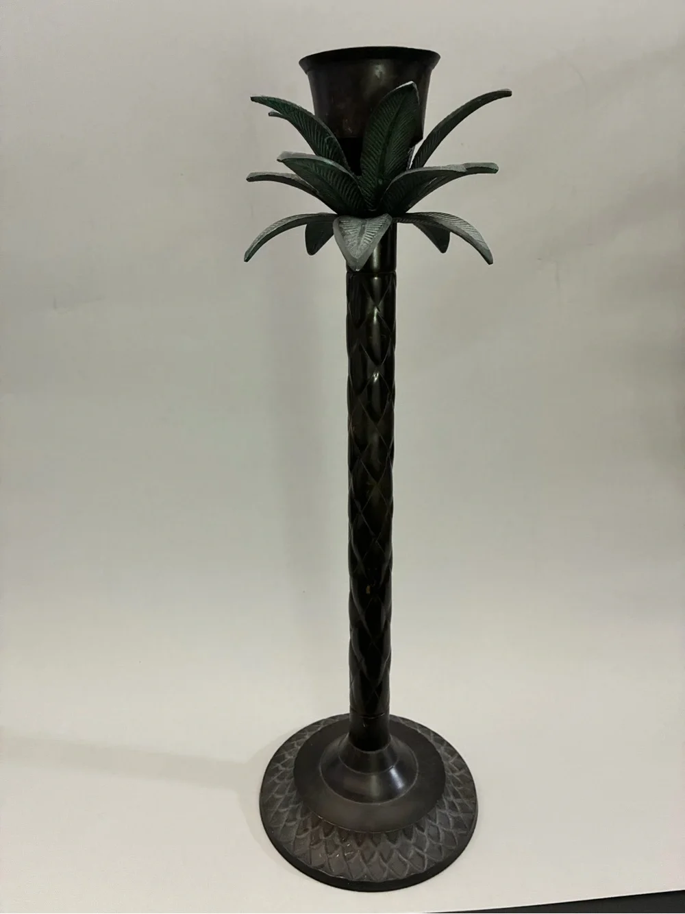 Decorative Metal Dark Bronze Palm Pillar Candle Holder